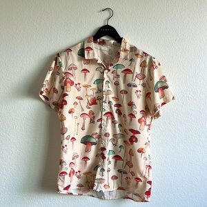 Mushroom Short Sleeve Button Up Shirt, large, tan,red, beige